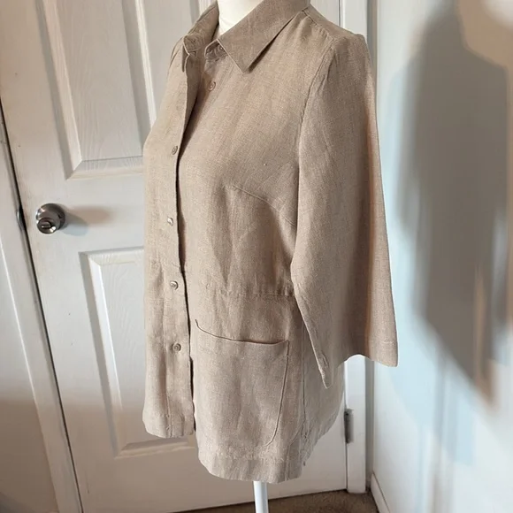Linen Shirt Jacket Neutral Minimalist Button Front Capsule Wardrobe Layering Top - Picture 4 of 8